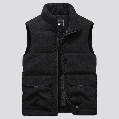 Quilted Fleece Vest for Men with Stand-up Collar and Utility Pocket