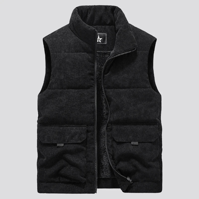 Quilted Fleece Vest for Men with Stand-up Collar and Utility Pocket