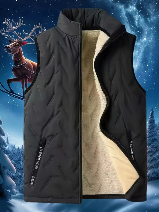 Men's Sleeveless Vest in Polyester with Fleece Lining - Stand-up Collar, Zipped Pockets, Ideal for Autumn and Winter
