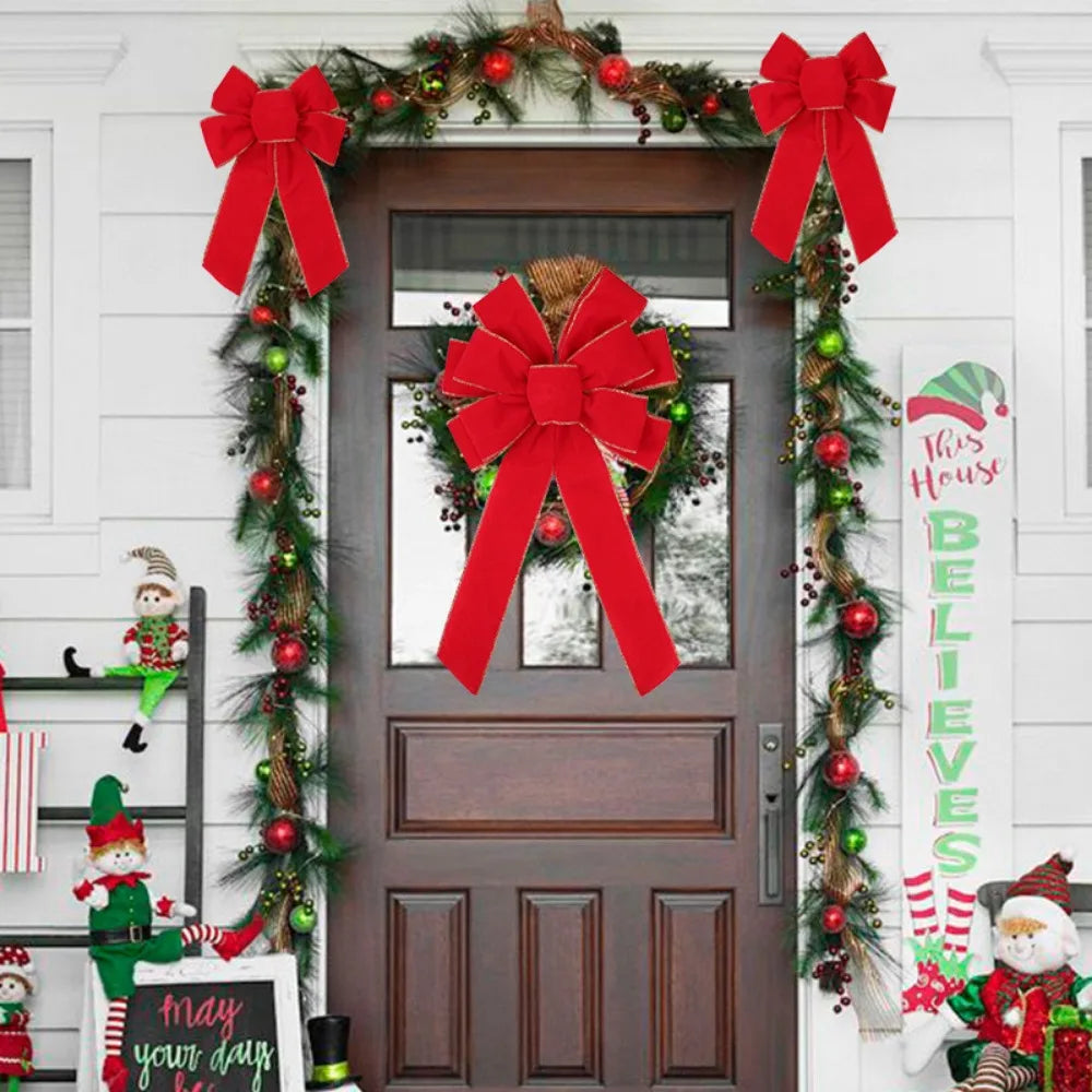 Large Red Velvet Christmas Wreath with Sparkling Bow – Elegant Decoration for Front Door, 30 cm x 24 cm