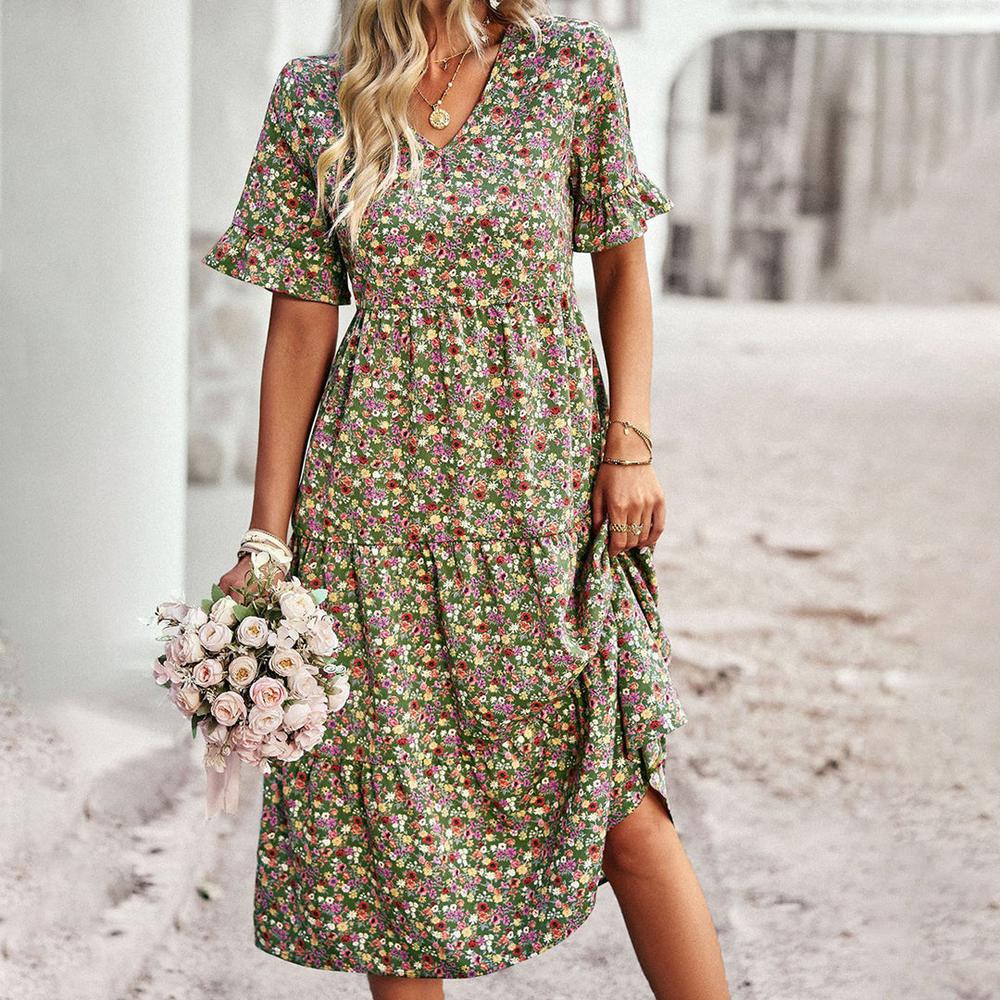 Robe d'Été Fleurie Femme Longue – Élégante en Abricot, Noir, Bleu, Vert et Bleu Royal, Modèle Chic et Polyvalent