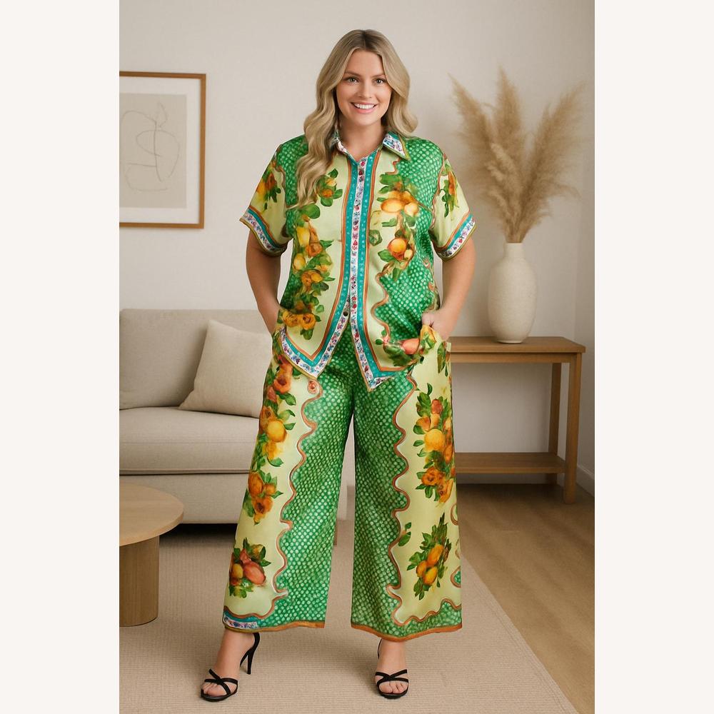 Ensemble d'Été Femme Imprimé Coloré avec Chemise Ample et Pantalon Large – Idéal pour Vacances et Looks Décontractés