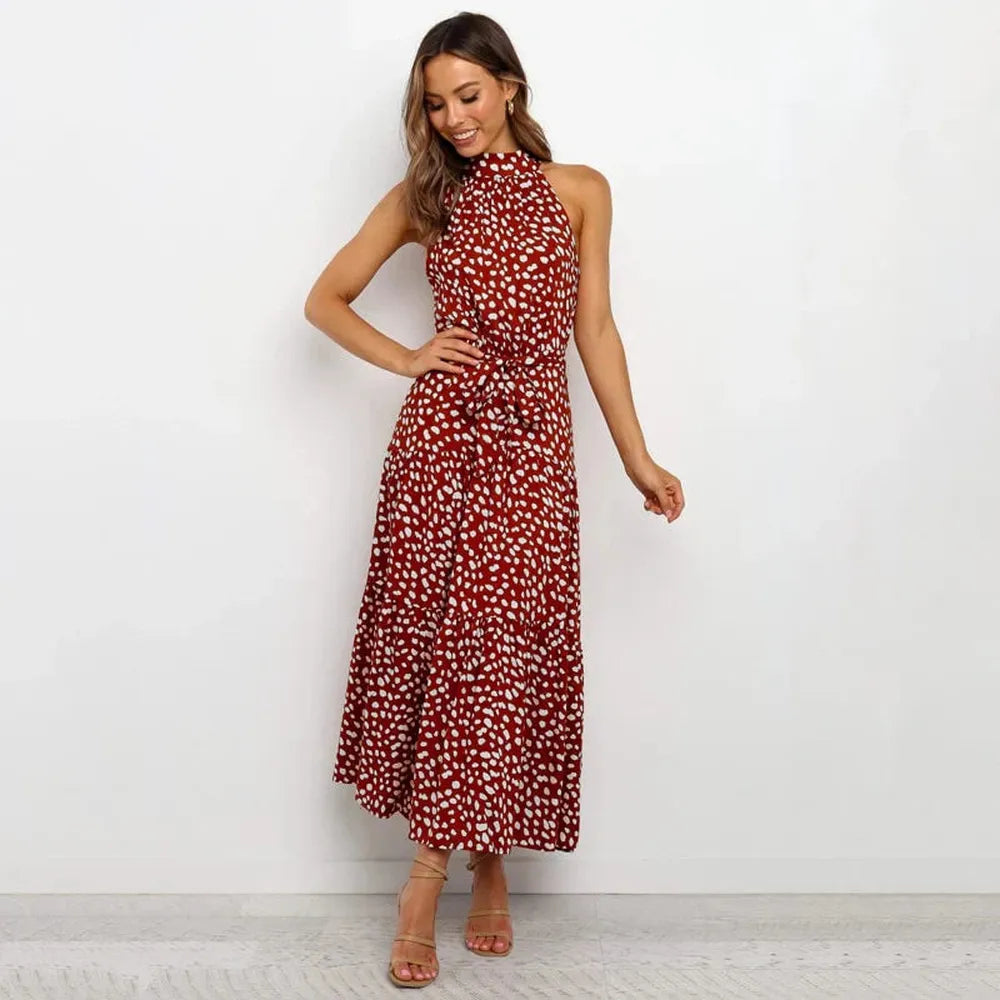 Long Backless Polka Dot Dress for Women – Elegant Long Summer Evening Dress, Flowing and Comfortable Fit