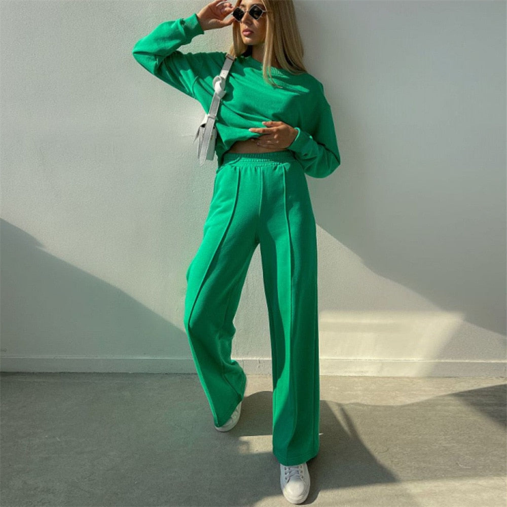 Ensemble Deux Pièces Décontracté en Coton – Sweat Court à Manches Longues et Pantalon Large Oversize, Rose et Vert