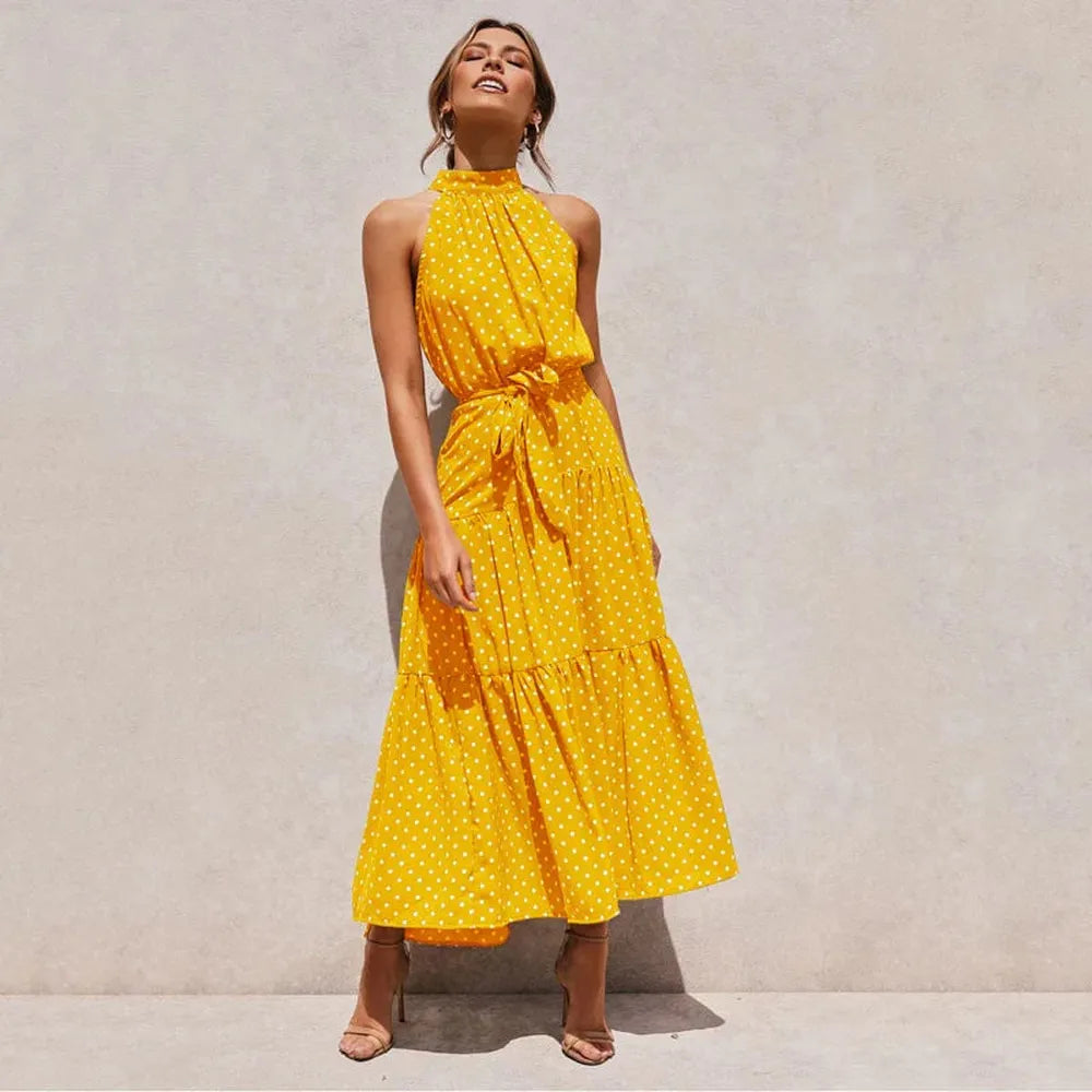 Robe Longue Dos Nu à Pois Femme – Élégante Robe de Soirée Longue Été, Coupe Fluide et Confortable