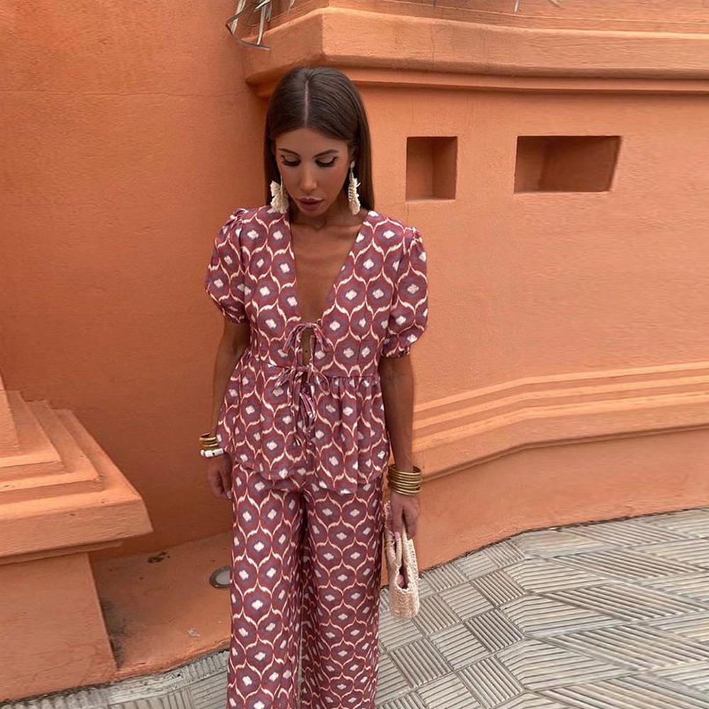 Ensemble Tailleur Femme Imprimé Floral – Haut à Nouer et Pantalon Droit à Taille Élastique