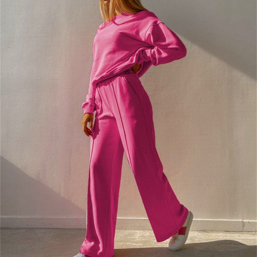 Ensemble Deux Pièces Décontracté en Coton – Sweat Court à Manches Longues et Pantalon Large Oversize, Rose et Vert