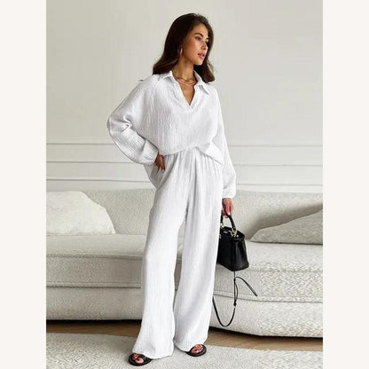 Coordinated Set in Waffle Cotton for Women – Oversized Shirt and Wide-Leg Pants, Loose Fit, Casual Style