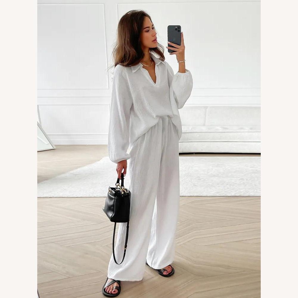 Ensemble Coordonné en Coton Gaufré pour Femme - Chemise Oversize Col en V et Pantalon Large Taille Haute, Style Décontracté