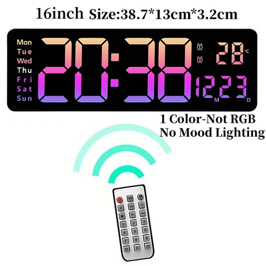 16 Inch Digital Wall Clock with Remote Control, RGB Lighting, Dual Alarm and Countdown Timer
