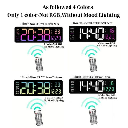 16 Inch Digital Wall Clock with Remote Control, RGB Lighting, Dual Alarm and Countdown Timer