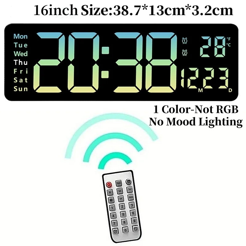 16 Inch Digital Wall Clock with Remote Control, RGB Lighting, Dual Alarm and Countdown Timer