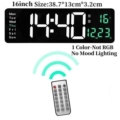 16 Inch Digital Wall Clock with Remote Control, RGB Lighting, Dual Alarm and Countdown Timer