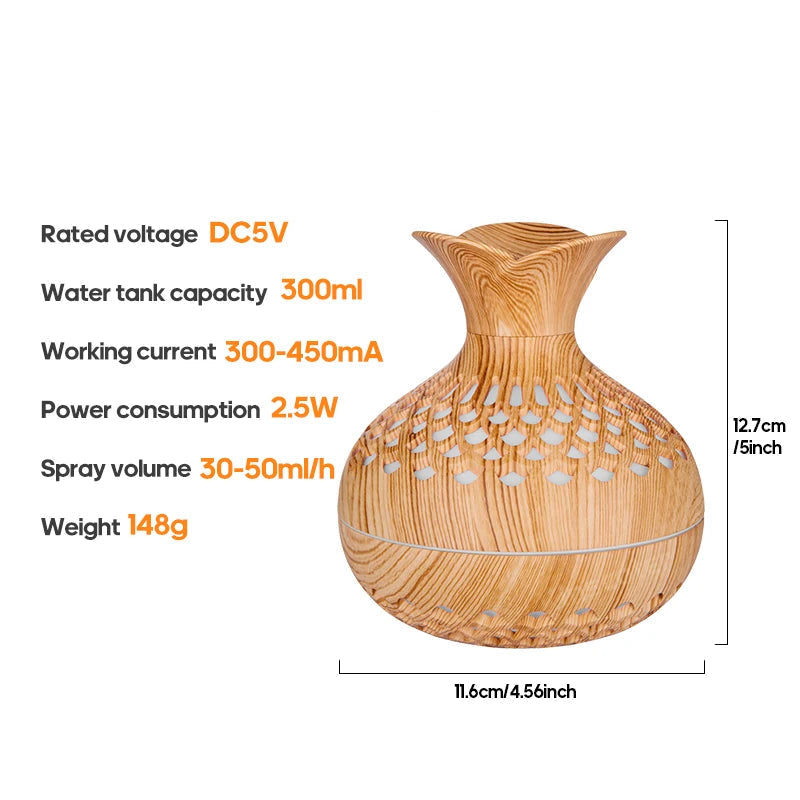 Humidificateur d'Air en Bois 300ml avec Diffuseur d'Aromas USB – Idéal pour Chambre et Petit Espace