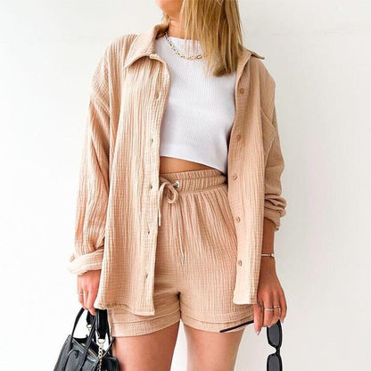 Variant image for Ensemble Décontracté Femme 3 Pièces en Coton Gaze – Chemise, Débardeur Court et Short Élastique, Style Minimaliste-11