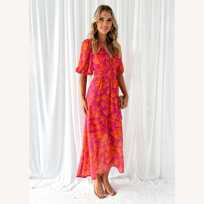 Elegant Long Women's Dress with V-Neck – Summer Maxi Dress in High-Quality Fabric, Ideal for All Occasions