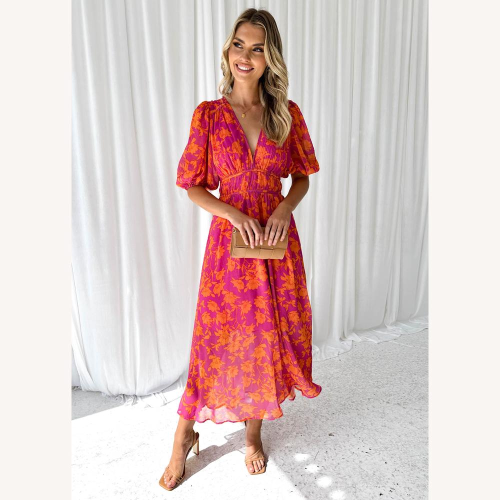 Elegant Long Women's Dress with V-Neck – Summer Maxi Dress in High-Quality Fabric, Ideal for All Occasions