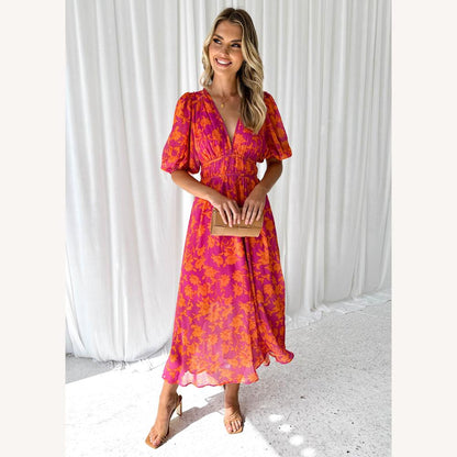 Elegant Long Women's Dress with V-Neck – Summer Maxi Dress in High-Quality Fabric, Ideal for All Occasions