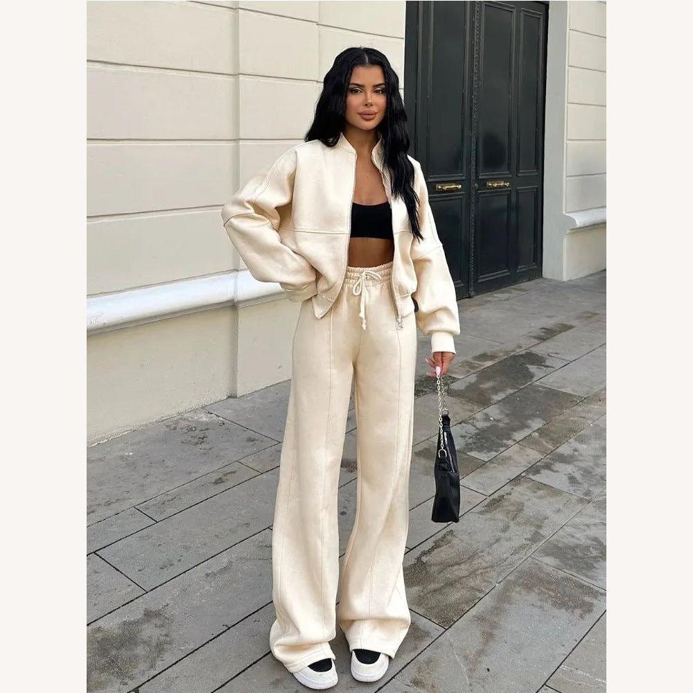 Ensemble Décontracté Oversize Femme en Coton-Polyester – Veste Zippée et Pantalon Large Taille Haute