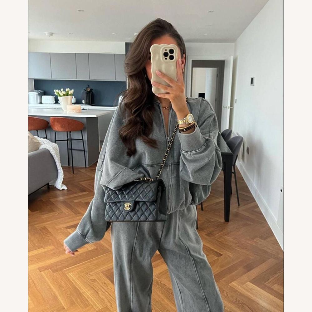 Ensemble Décontracté Femme Oversize en Coton-Polyester avec Veste Zippée et Pantalon Large – Gris, Beige, Marron