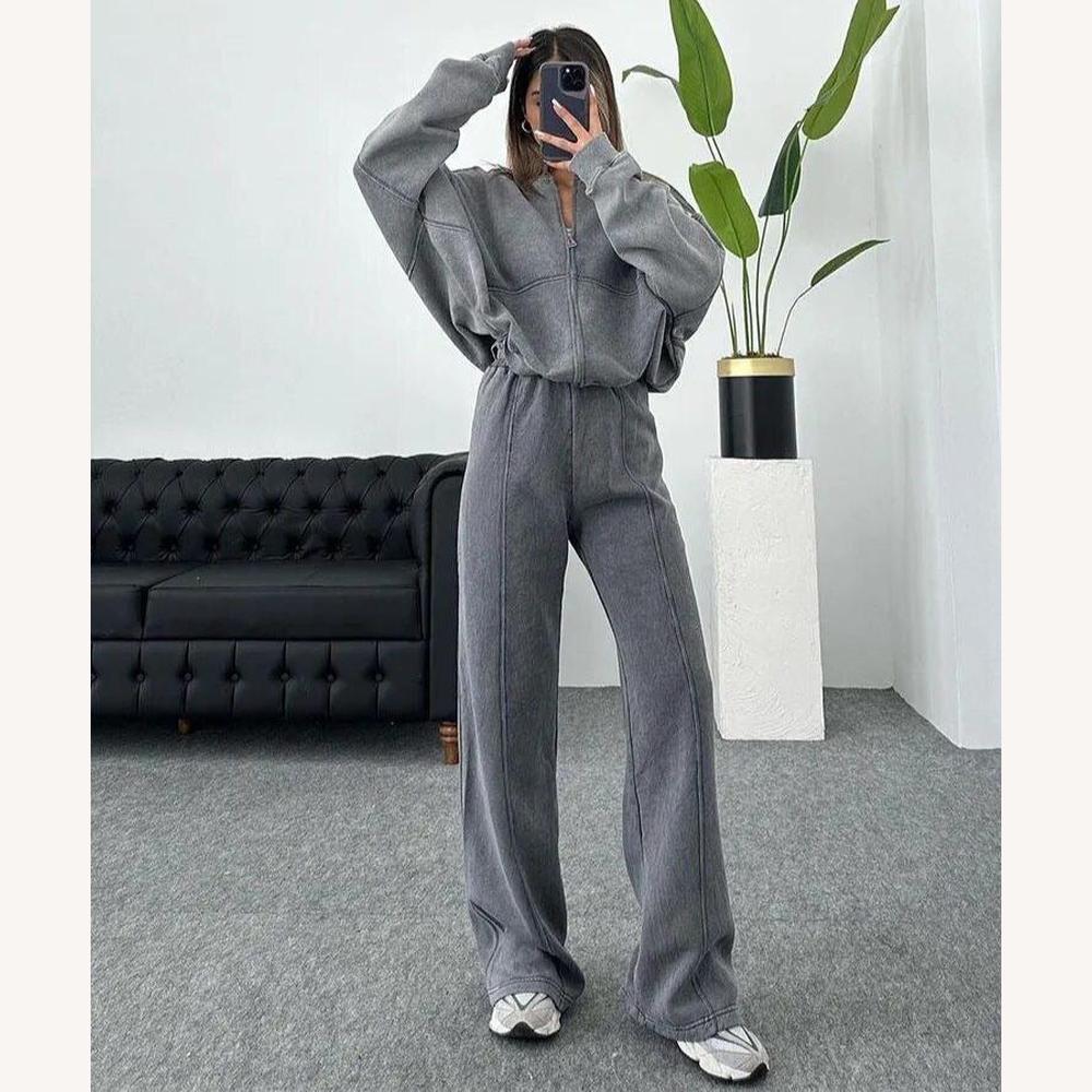 Ensemble Décontracté Femme Oversize en Coton-Polyester avec Veste Zippée et Pantalon Large – Gris, Beige, Marron