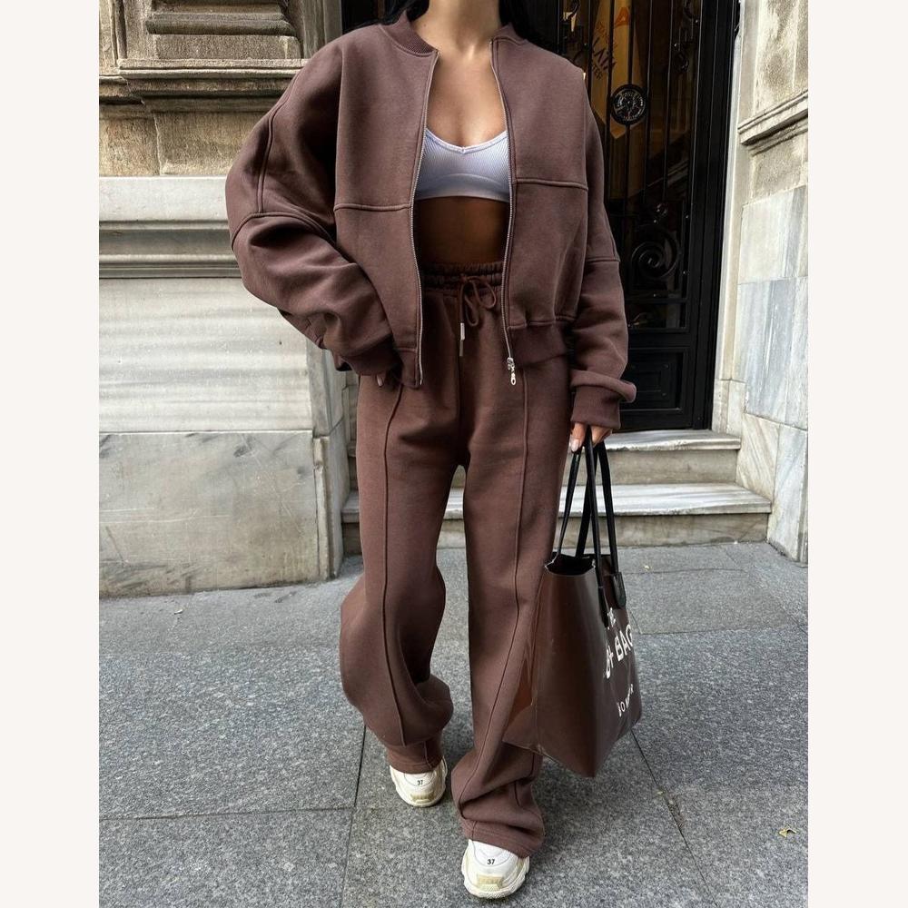 Ensemble Décontracté Femme Oversize en Coton-Polyester avec Veste Zippée et Pantalon Large – Gris, Beige, Marron