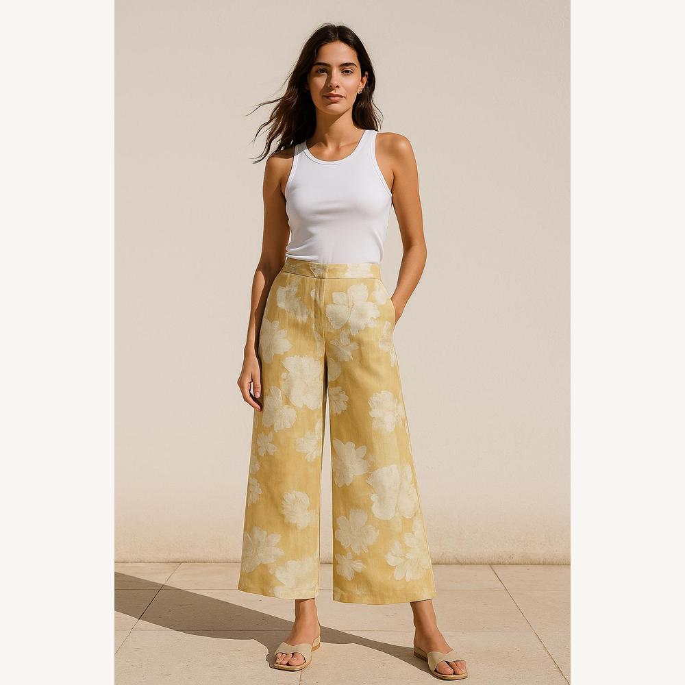 Pantalon Fluide Femme Élégant à Taille Haute Imprimé Floral – Jaune, Coupe Droite Légère et Confortable