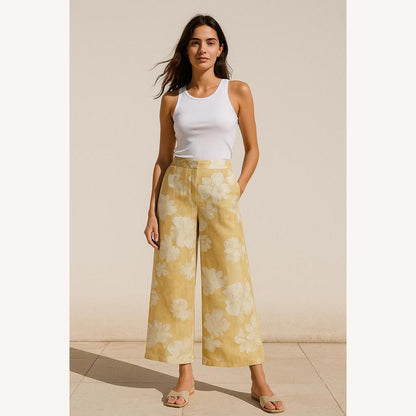 Elegant High Waist Women's Flowing Pants with Floral Print – Yellow, Light and Comfortable Straight Cut
