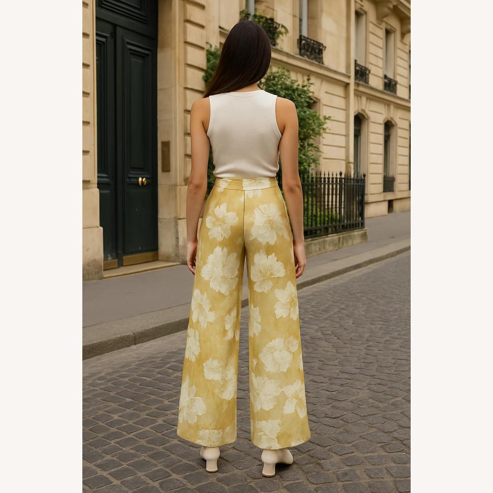 Pantalon Fluide Femme Élégant à Taille Haute Imprimé Floral – Jaune, Coupe Droite Légère et Confortable