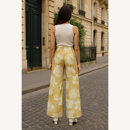 Elegant High Waist Women's Flowing Pants with Floral Print – Yellow, Light and Comfortable Straight Cut