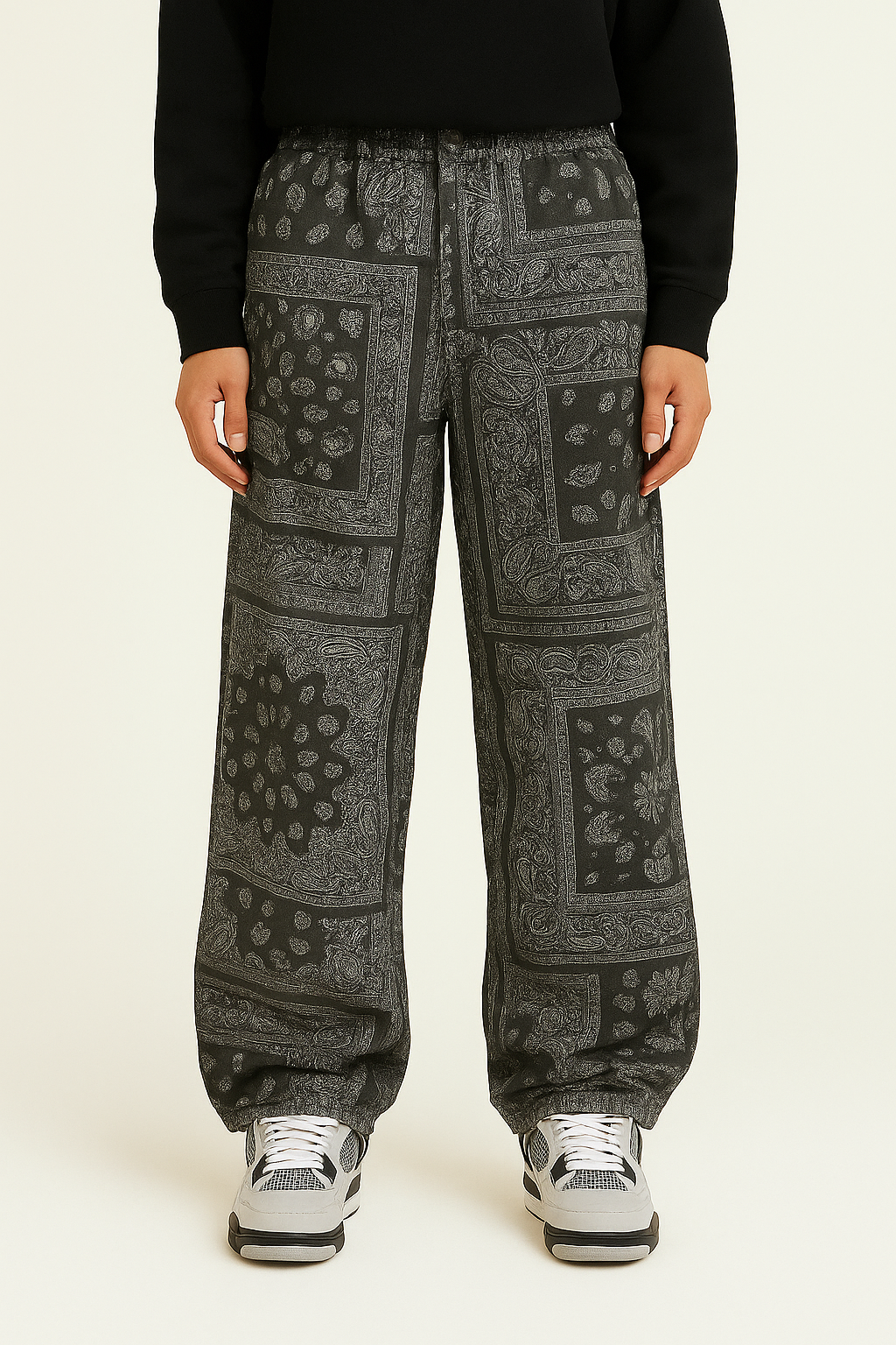 Jean Homme Noir avec Imprimés Bandana Distinctifs – Denim Confortable et Style Urbain