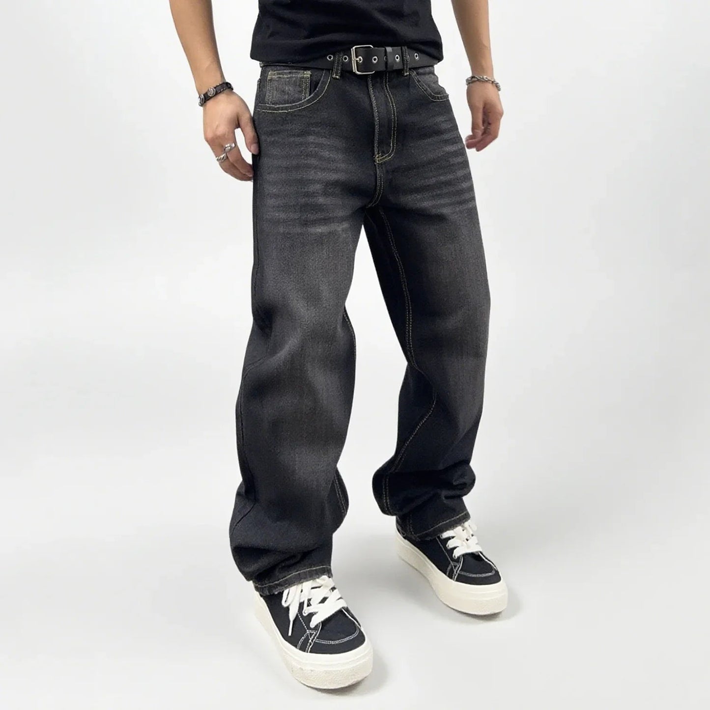 Men's Oversized Washed Denim Jeans - Comfortable Straight Fit for Autumn and Winter