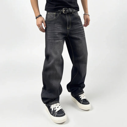 Men's Oversized Washed Denim Jeans - Comfortable Straight Fit for Autumn and Winter