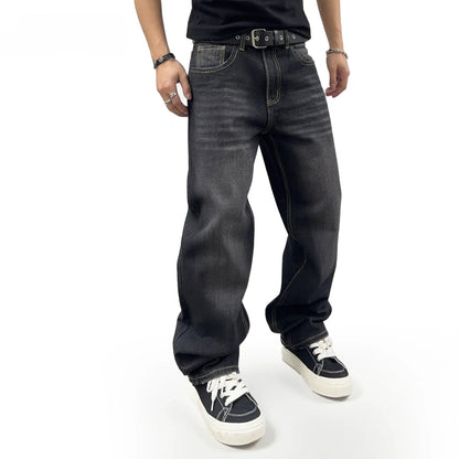 Men's Oversized Washed Denim Jeans - Comfortable Straight Fit for Autumn and Winter