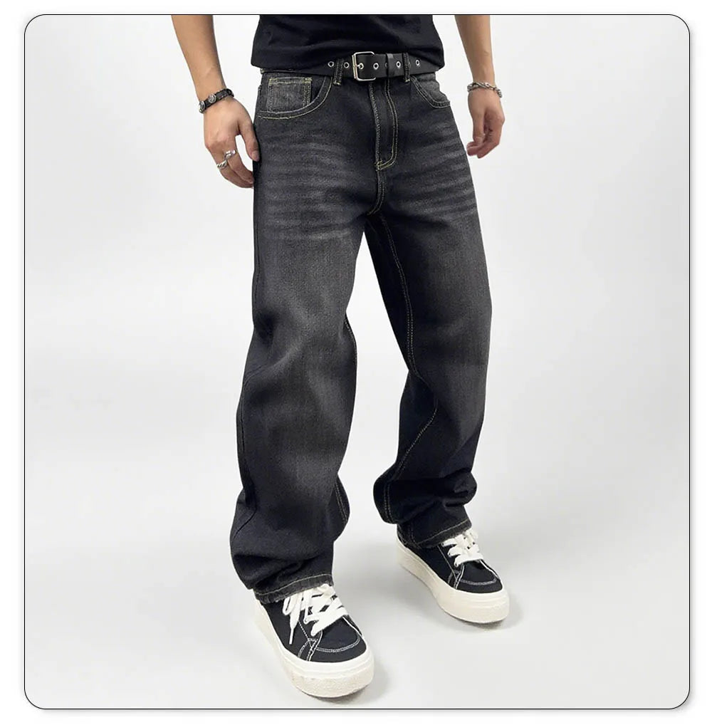 Jean Homme Oversize Délavé en Denim - Coupe Droite Confortable pour Automne et Hiver