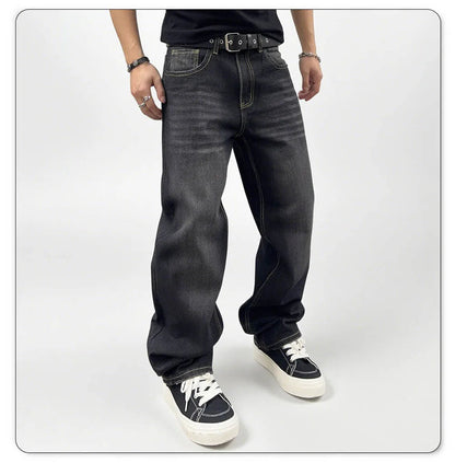 Men's Oversized Washed Denim Jeans - Comfortable Straight Fit for Autumn and Winter