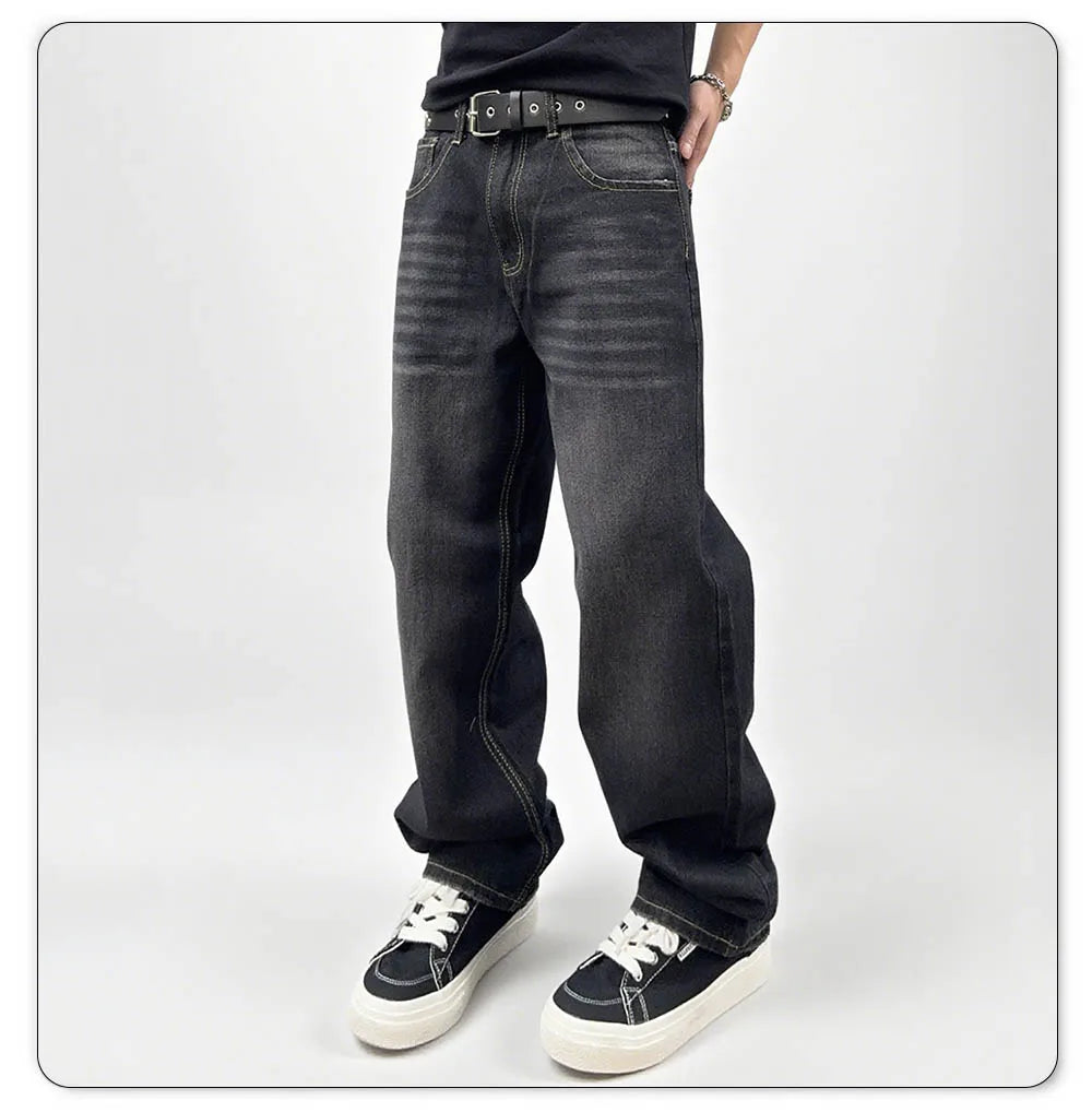 Jean Homme Oversize Délavé en Denim - Coupe Droite Confortable pour Automne et Hiver