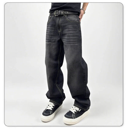 Men's Oversized Washed Denim Jeans - Comfortable Straight Fit for Autumn and Winter