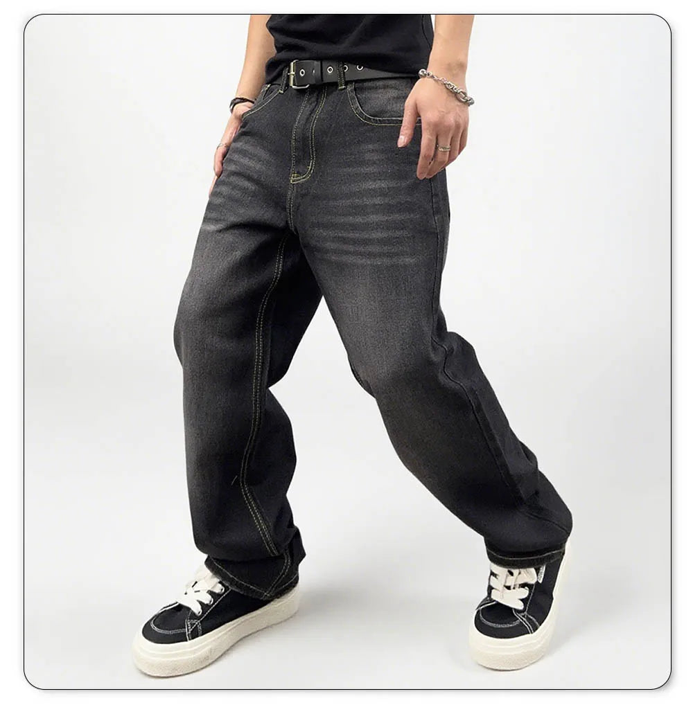 Men's Oversized Washed Denim Jeans - Comfortable Straight Fit for Autumn and Winter
