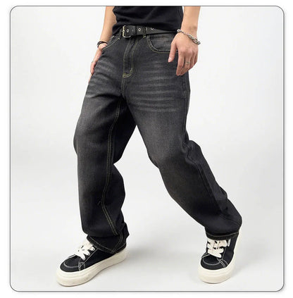 Men's Oversized Washed Denim Jeans - Comfortable Straight Fit for Autumn and Winter