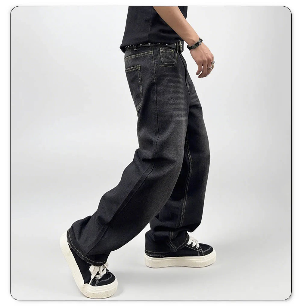 Jean Homme Oversize Délavé en Denim - Coupe Droite Confortable pour Automne et Hiver