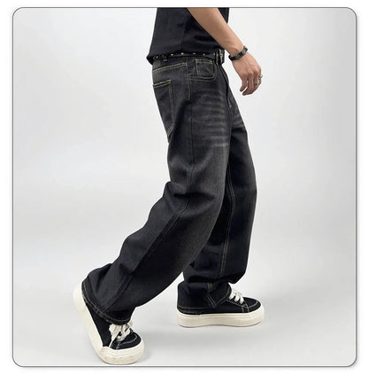 Men's Oversized Washed Denim Jeans - Comfortable Straight Fit for Autumn and Winter