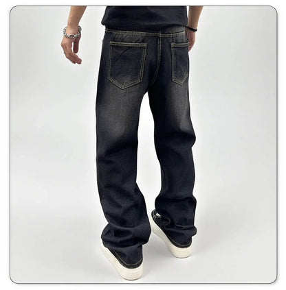 Men's Oversized Washed Denim Jeans - Comfortable Straight Fit for Autumn and Winter