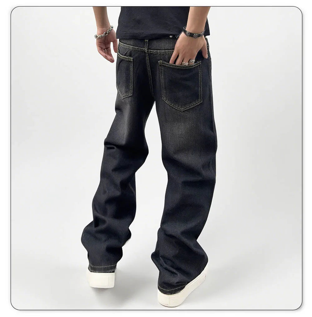 Men's Oversized Washed Denim Jeans - Comfortable Straight Fit for Autumn and Winter