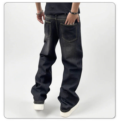 Men's Oversized Washed Denim Jeans - Comfortable Straight Fit for Autumn and Winter