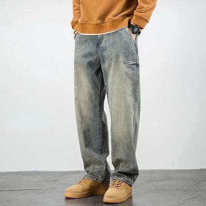 Men's Oversized Jean in Washed Denim – Loose Straight Cut, Mid-High Waist, Streetwear Style