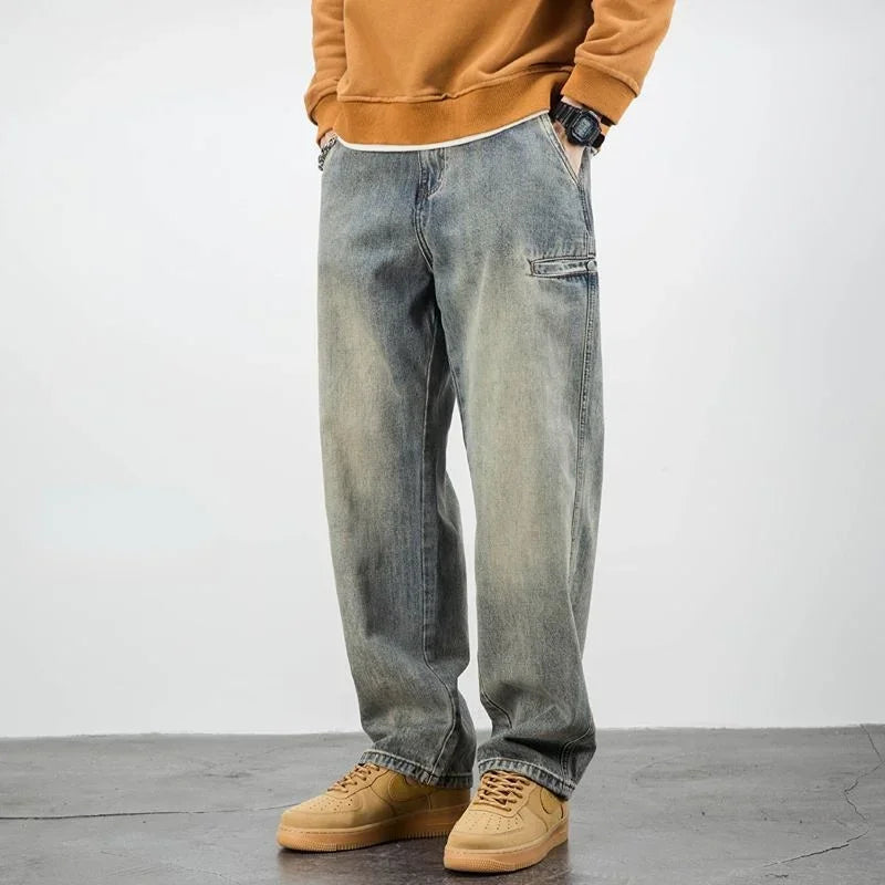 Men's Oversized Jean in Washed Denim – Loose Straight Cut, Mid-High Waist, Streetwear Style