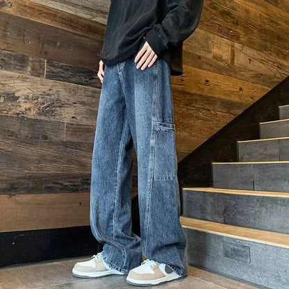 Oversized Cargo Jeans for Men - Washed Denim with Multi-Use Pockets