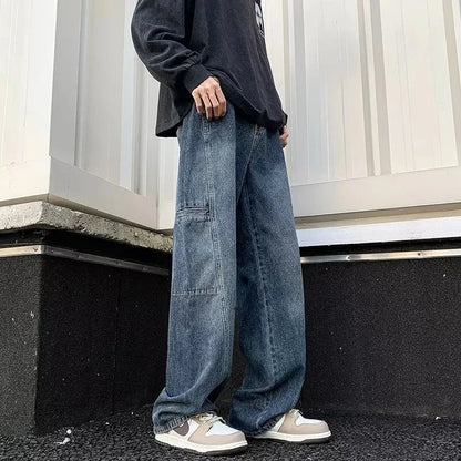 Oversized Cargo Jeans for Men - Washed Denim with Multi-Use Pockets