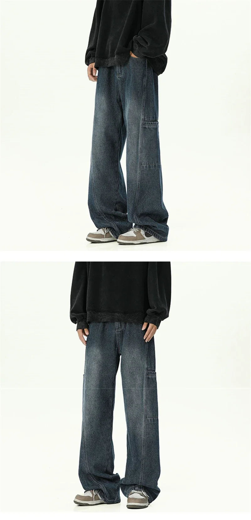 Oversized Cargo Jeans for Men - Washed Denim with Multi-Use Pockets